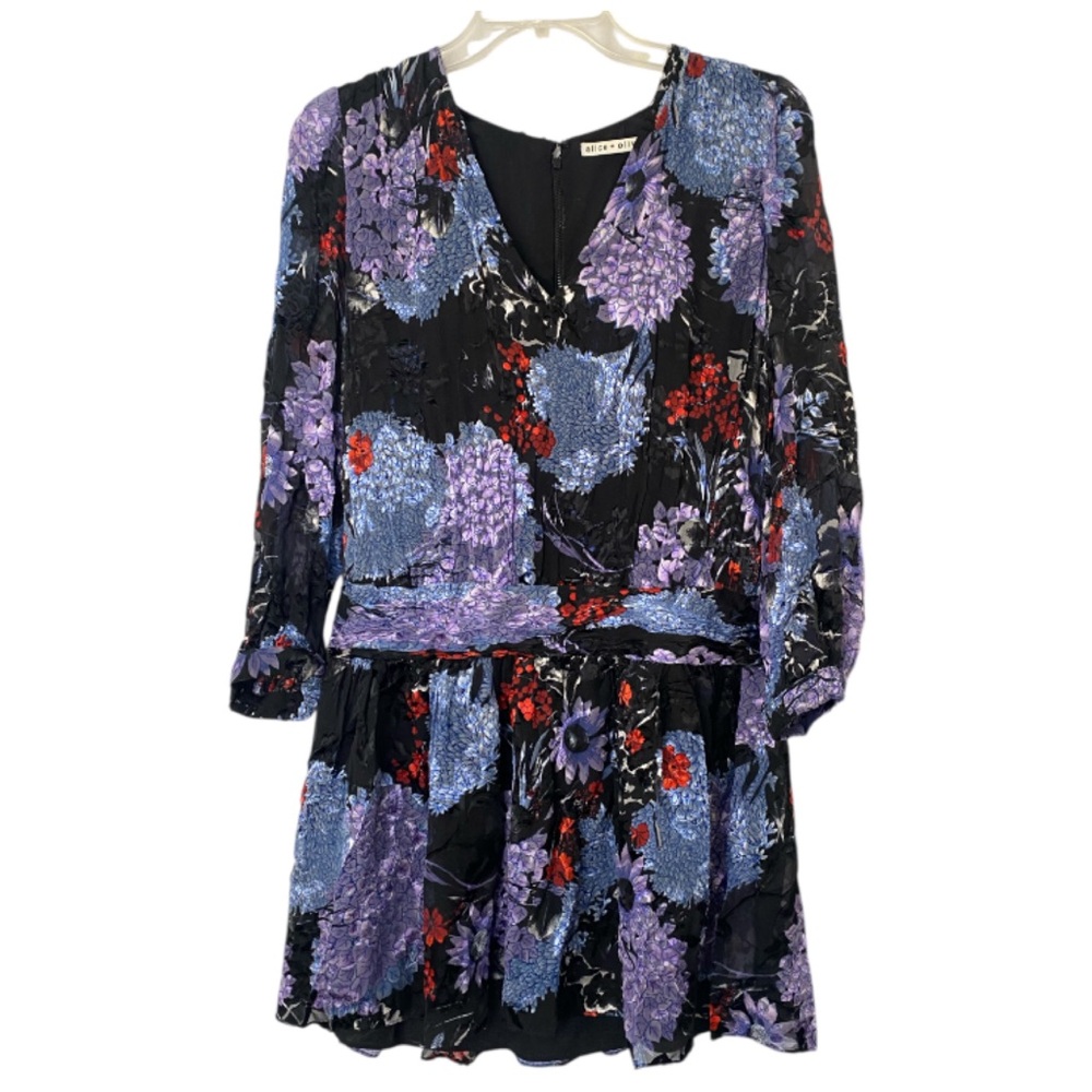 Alice + Olivia Tessie Burnout Floral Silk Blend Dress Black Multi Sheer Boho Sz6